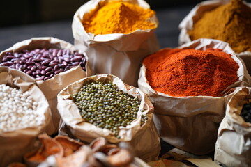 Colorful selection of dried herbs, spices, and natural ingredients in paper bags on rustic market table. Traditional Asian and herbal medicine concept.