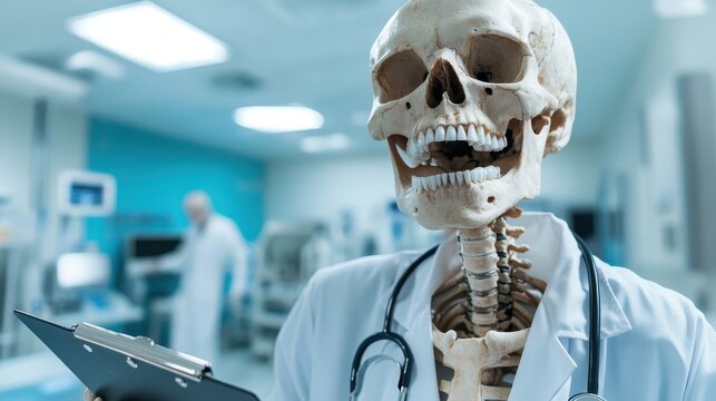 A skeleton dressed as a doctor holding a clipboard contrasts the medical environment, adding an element of humor and creativity to the otherwise serious healthcare setting.