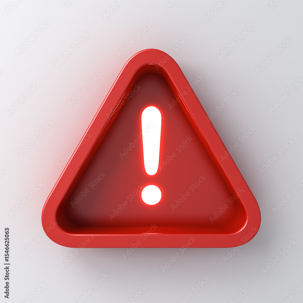 Poster 3d red hazard warning attention sign box with white neon light exclamation mark symbol icon isolated