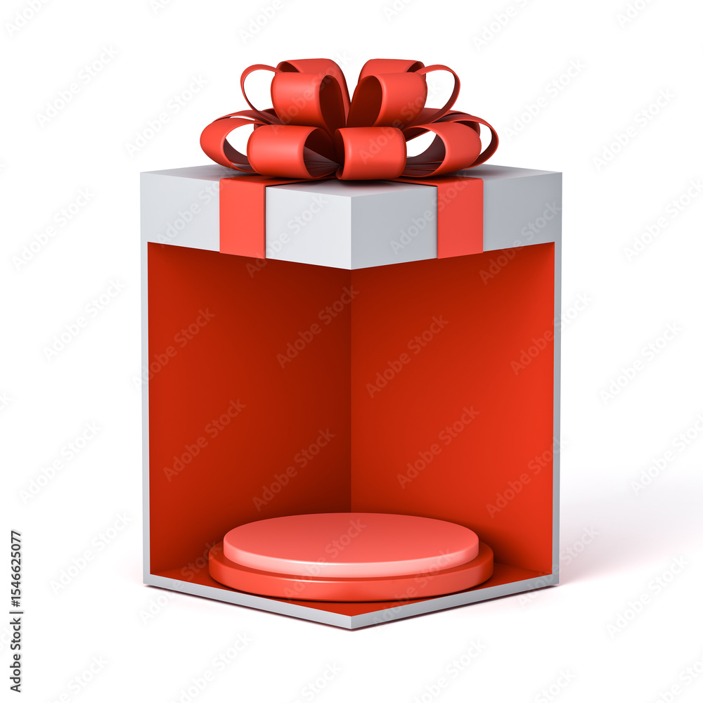Poster blank red round podium pedestals in exhibition booth gift box corner product display mockup showcase
