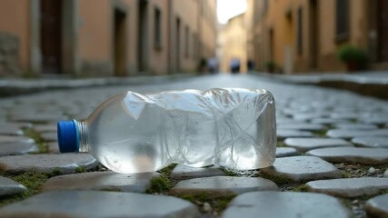 Crumpled plastic water bottle lying on cobblestone street in city  