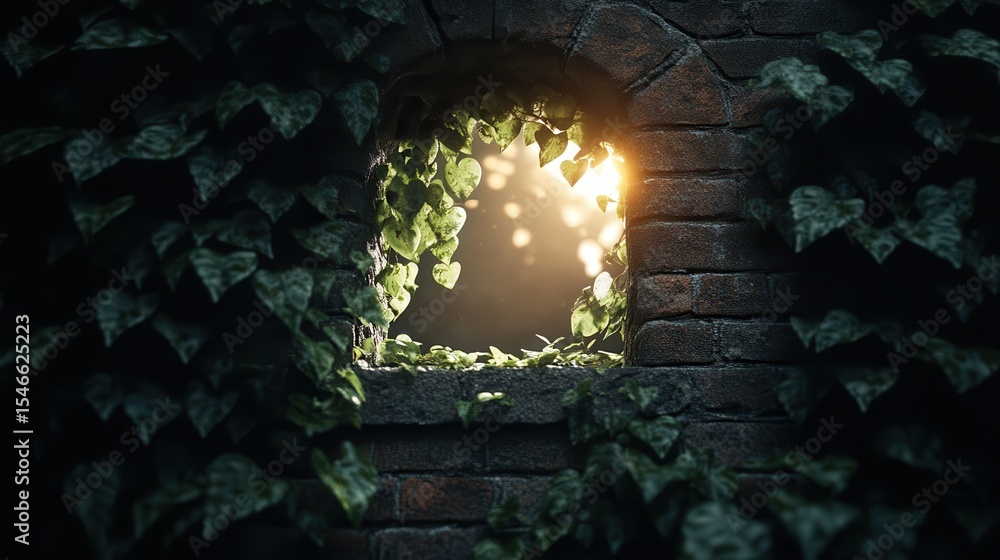 Poster a beautiful window framed with verdant ivy reveals golden sunlight streaming in, creating a cozy and