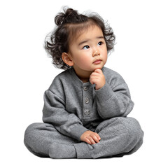 Thoughtful toddler in cozy gray outfit sitting on the floor with curls and a curious expression, isolated on white background