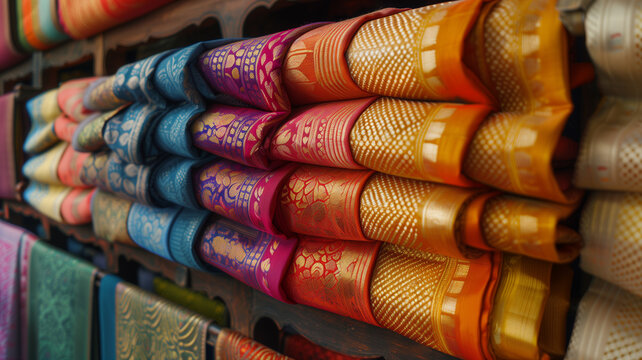  Traditional Jamdani Sarees Displayed on Wooden Rack
