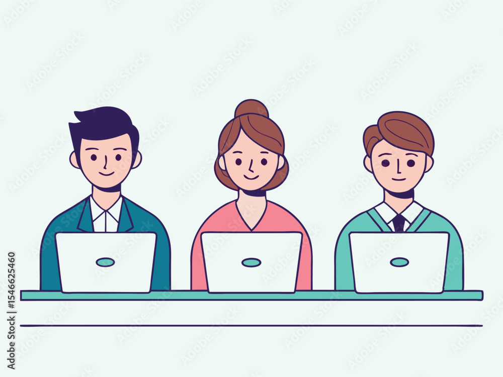 Poster three cartoon people working on laptops at a desk in a modern office setting with a light background