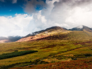 Landscape featuring mountains and lowlands in County Kerry, Ireland. Peaks and valleys are visible with trees in the background and some clouds in the sky near Carrauntoohill.