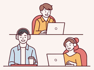 Diverse Group of Young Professionals Working Remotely on Laptops with Headphones and Coffee in a Modern Office Setting