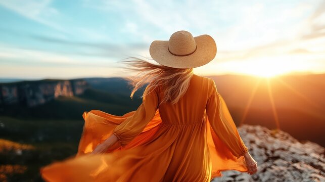 A woman in a flowing dress gazes at a stunning sunset from a mountaintop, embodying freedom, beauty, and connection with nature in a breathtaking landscape.