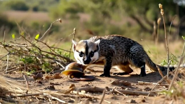 The common dwarf mongoose (Helogale parvula) hunting a giant african land snail in Tsavo National Park, Kenya. 
