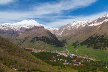 View of the village of Terskol at the foot of Mount Elbrus