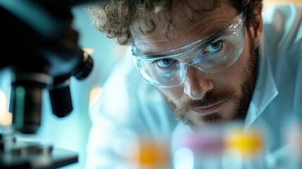 A dedicated scientist peers intently into a microscope in a modern laboratory, highlighting the pursuit of knowledge and the exciting world of scientific discovery and research.