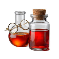 Two glass bottles with red liquid and vintage glasses arranged on a white background for scientific and decorative purposes