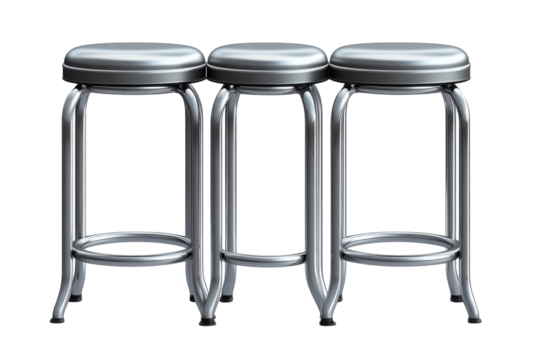 Three gleaming silver bar stools standing side by side evoke the nostalgia of a classic diner on transparent background