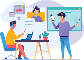 Online Meeting Illustration with People Having a Video Call and Working from Home in a Flat Design Style for Business