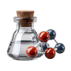 Glass flask with cork stopper containing liquid, surrounded by molecular models representing scientific exploration and discovery