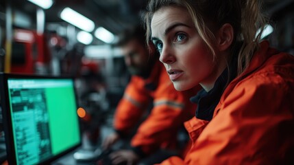 A focused female technician working in a high-tech workspace, fascinated by data on her computer screens, symbolizing dedication, professionalism, and the pursuit of innovation.