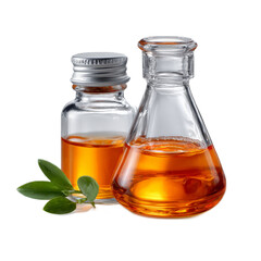 Glass bottles with amber liquid oil and fresh green leaves on a white background showcasing natural wellness and holistic healing