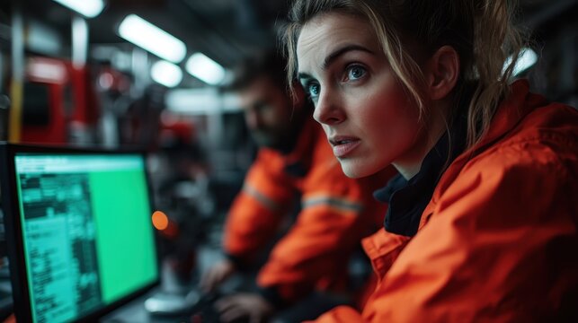 A focused female technician working in a high-tech workspace, fascinated by data on her computer screens, symbolizing dedication, professionalism, and the pursuit of innovation.