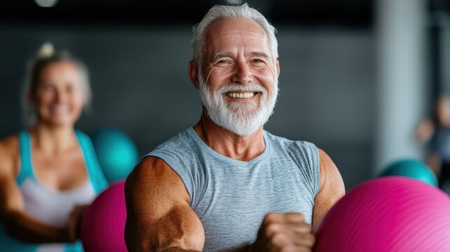 A joyful elderly man participating in a fitness class, engaging with a vibrant exercise ball while showcasing the importance of health and community in later life.
