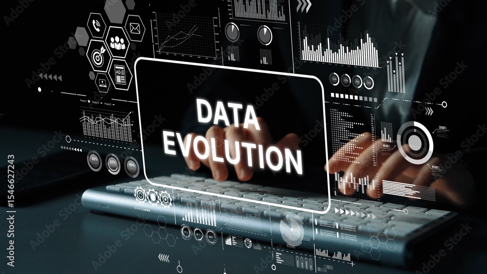 Aufkleber data evolution concept with hands on keyboard and digital graphs representing modern data analysis t