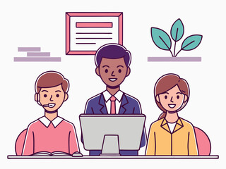 Diverse Team of Professionals Working Together in an Office Environment with Plants and a Certificate on the Wall Vector Illustration