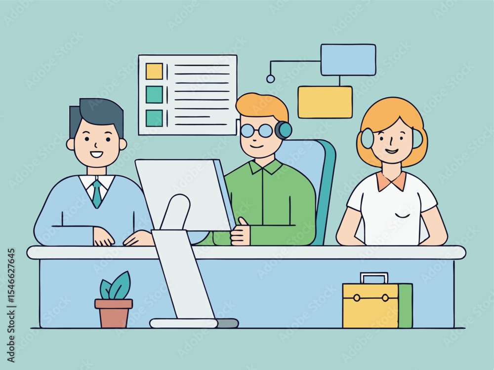 Aufkleber team of customer service representatives working together in an office environment with computer and