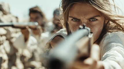 Amidst a sunny backdrop, a determined individual focuses their aim down the barrel of a gun, exemplifying themes of survival, intensity, and courage in a tense situation.