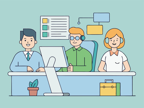 Team of Customer Service Representatives Working Together in an Office Environment with Computer and Flowchart Illustration
