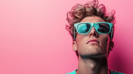 A fashionable young man poses confidently against a pink backdrop, wearing turquoise sunglasses that reflect trends and a carefree, vibrant lifestyle in modern fashion culture.