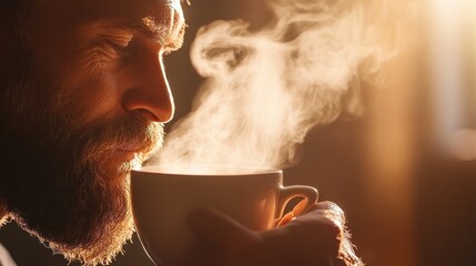 A contemplative man enjoys a steaming cup of beverage in a cozy atmosphere, evoking warmth, relaxation, and introspection in a moment of serene solitude.