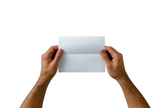Revealing a crisp white note carefully held in anticipation a message waiting to be read on transparent background