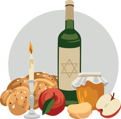 Vector hand-drawn Jewish New Year (Rosh Hashanah) pre-made card composition: honey, apple, wine, challah, candle, Star of David