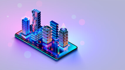 Isometric plan of the future city with roads and buildings on the phone screen. The isometric concept of an smart city. 3d vector. City mobile app. Infrastructure communication of Smart city.