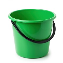 Green plastic bucket isolated on white background for cleaning, gardening, and household use.