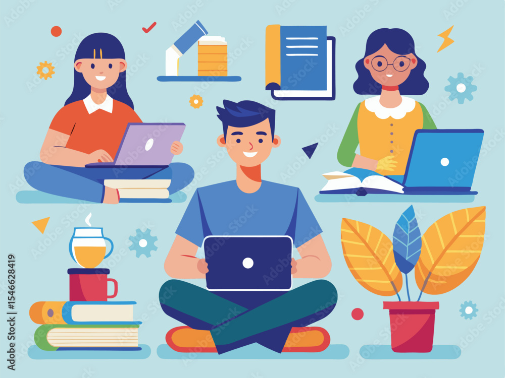 Poster diverse students studying with laptops and books in a colorful flat design illustration for educatio