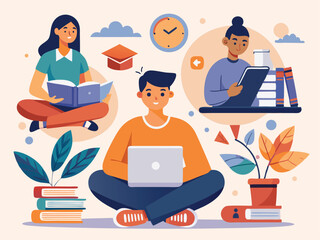 Diverse Students Learning and Studying Online Education Reading Books and Academic Pursuits in a Colorful and Modern Flat Vector Illustration