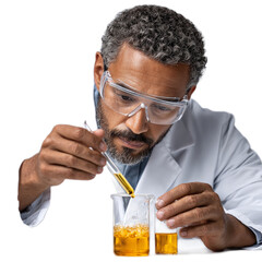 Scientist in Laboratory Conducting Experiment with Liquid in Beaker Wearing Safety Goggles and Lab Coat