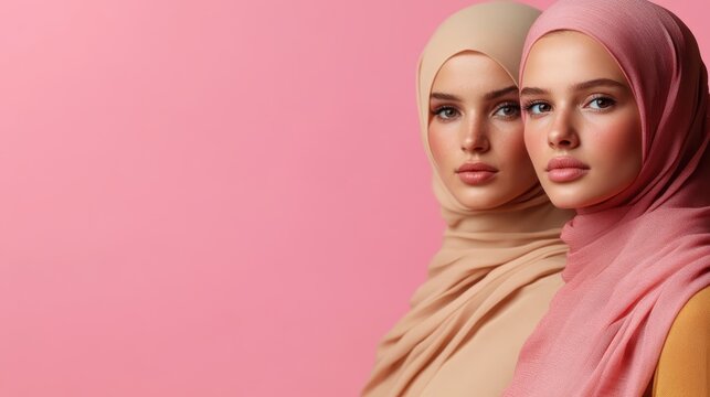 Two stunning women with elegant headscarves gaze confidently, showcasing beauty, diversity, and cultural richness against a soft pink backdrop in a powerful portrait. - Powered by Adobe