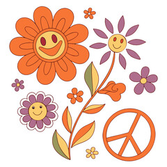 Retro Flower Power Stickers – 70s Style Vector Set
