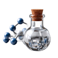 Glass Flask with Cork Stopper and Molecular Structure in Background, Isolated on White for Scientific and Educational Use