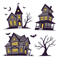 Spooky Haunted House Icons – Vector Style Stickers
