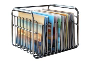 Organized collection of diverse documents in a shiny chrome wire basket a testament to on transparent background