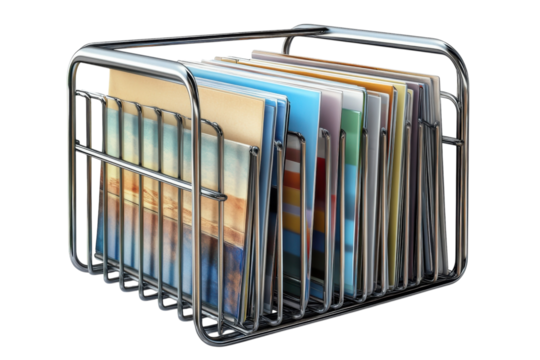 Organized collection of diverse documents in a shiny chrome wire basket a testament to on transparent background