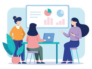Teamwork and Data Analysis Three Women Collaborating on Business Strategy and Financial Performance with Charts and Graphs in a Modern Office Setting