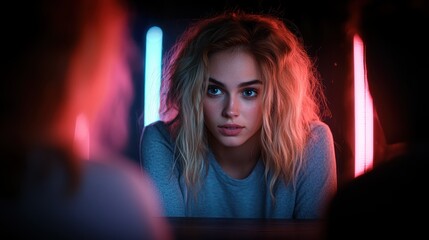 Fototapeta premium A striking portrait of a young woman surrounded by a vivid play of colored lights creates an intimate atmosphere that captures her deep gaze and emotional intensity.