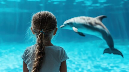 A young girl gazes in awe at a dolphin swimming gracefully in an aquarium, capturing the essence of childhood wonder and marine life's beauty in a serene underwater setting.