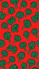 collard greens pattern on plain red bright background cartoon design art illustration background for card or invitation quirky vibrant retro concept