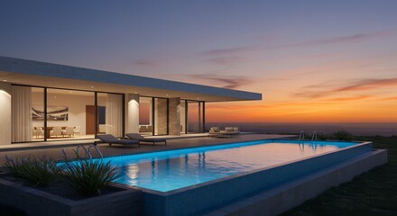 Fototapeta premium Luxury Villa with Pool at Sunset