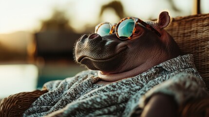 A playful hippo wearing stylish sunglasses lounges comfortably in a chair, capturing a delightful and humorous moment against a serene poolside backdrop during sunset.