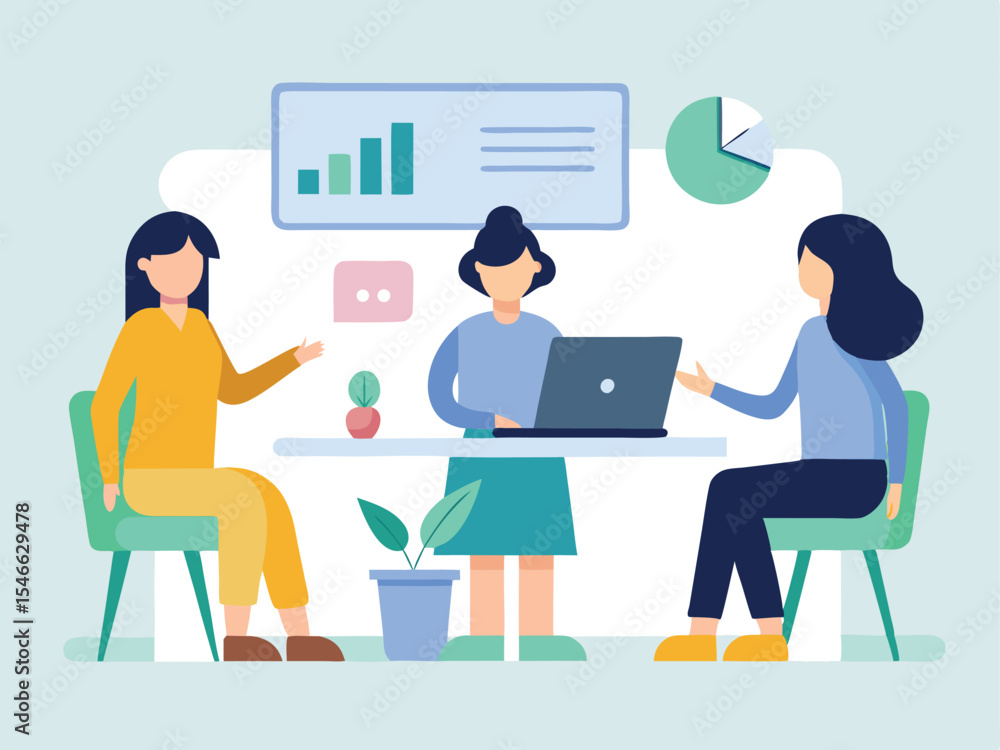 Poster Collaborative Business Meeting with Data Analysis and Team Discussion in a Modern Office Setting Featuring Three Women and Visual Charts